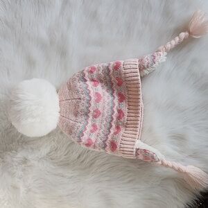 Nicole Miller Cozy Pink Knit Pom-Pom Hat Hearts Print, 12 - 24M